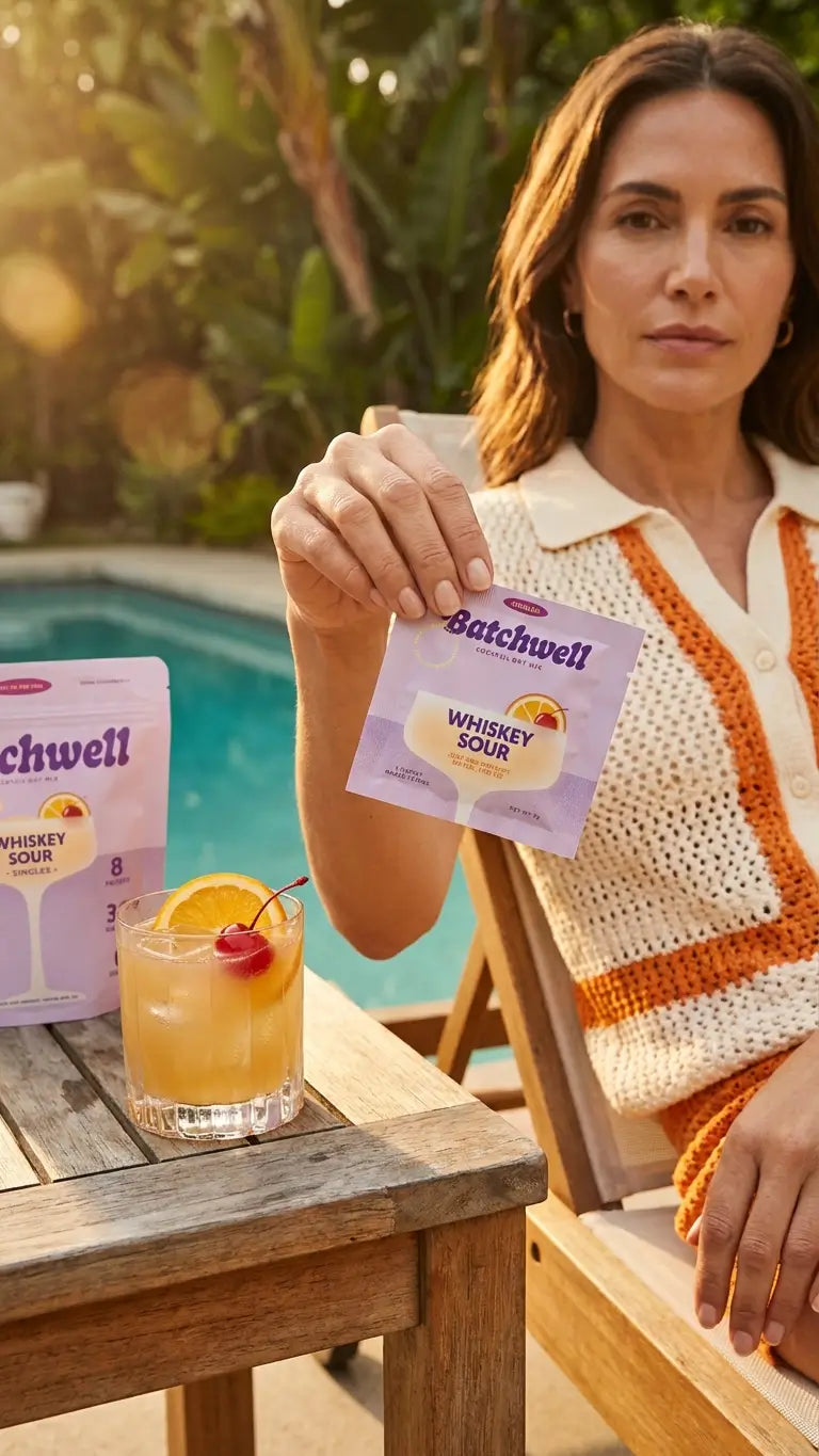 Woman holding a Batchwell Whiskey Sour cocktail mix packet beside a prepared whiskey sour drink by the pool