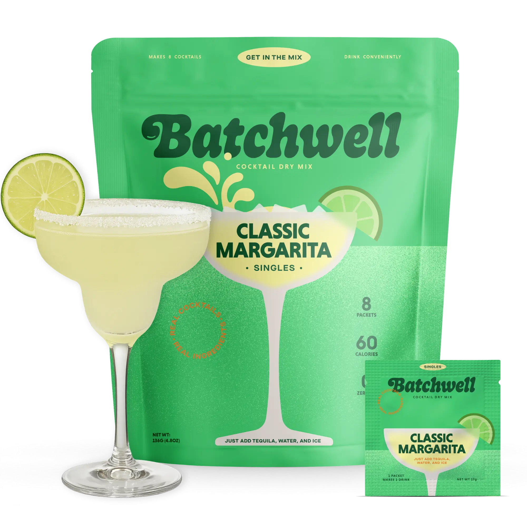 Batchwell Classic Margarita powdered cocktail mix packets made with real lime juice powder.