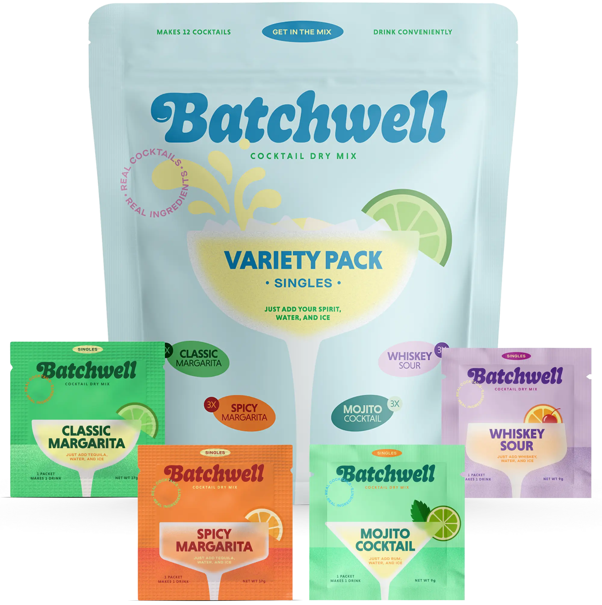Batchwell cocktail variety pack with margarita, mojito, and whiskey sour mixes.