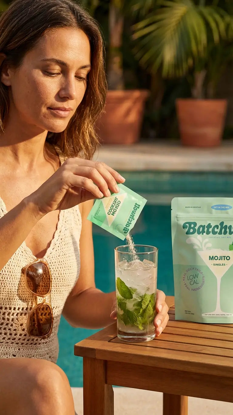 Woman preparing a Batchwell Mojito cocktail by pouring cocktail mix packet into a glass with mint and ice by the pool