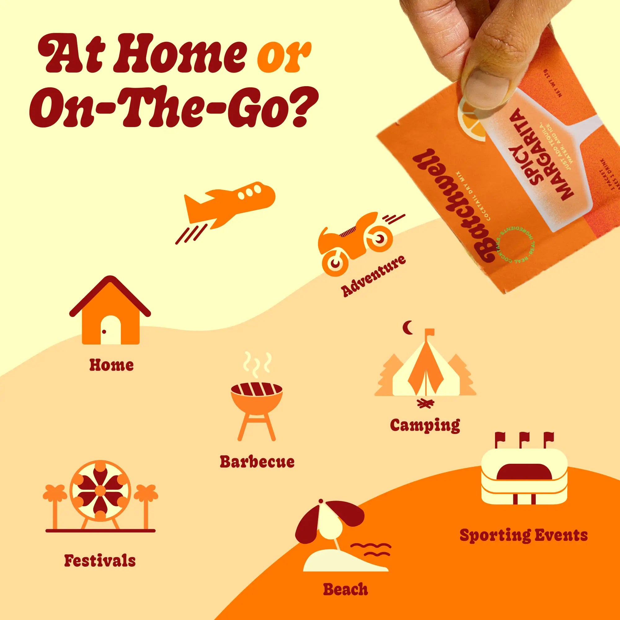 Poster with the text 'At Home or On-The-Go?' on an orange background, showing a packet of spicy margarita mix being poured. Small icons of a house, plane, bike, barbecue grill, camping tent, festival, beach, and sporting events indicate where Batchwell mix can be enjoyed
