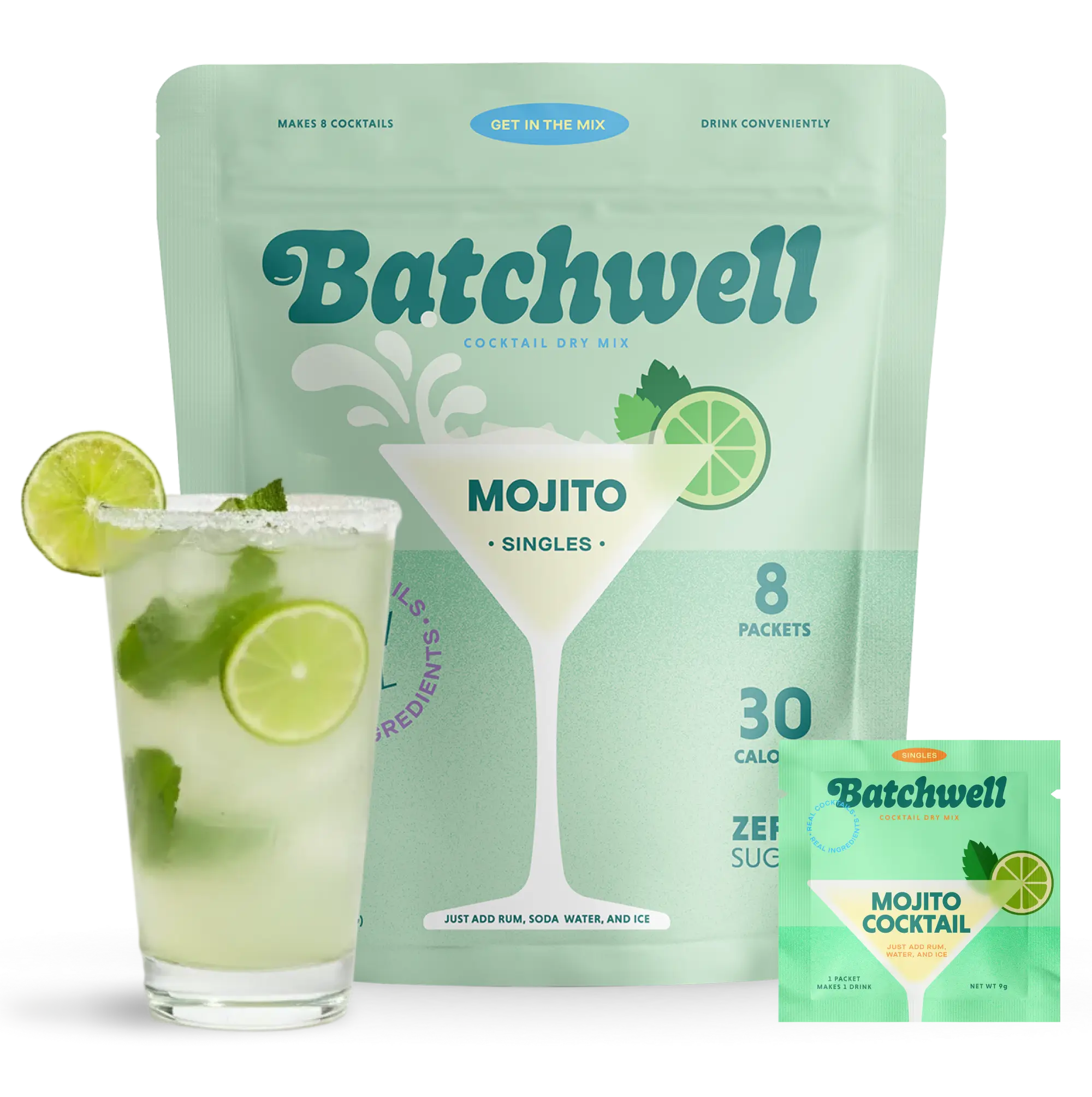 Batchwell Mojito powdered cocktail mix packets with refreshing lime and mint flavor.