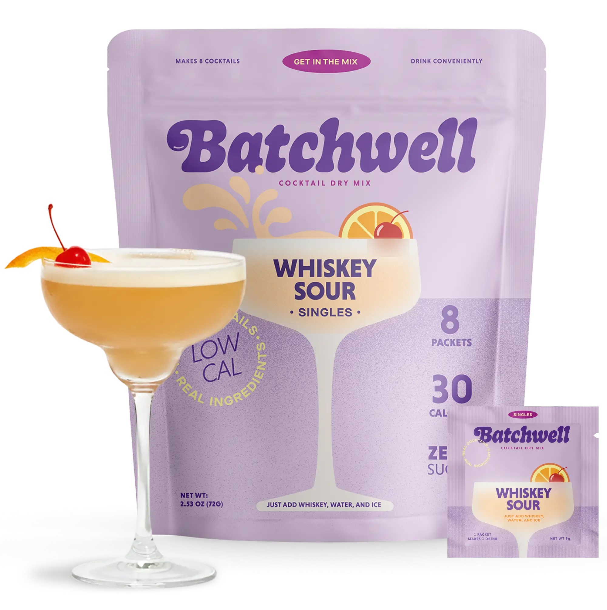 Batchwell Whiskey Sour powdered cocktail mix packets with classic lemon flavor.
