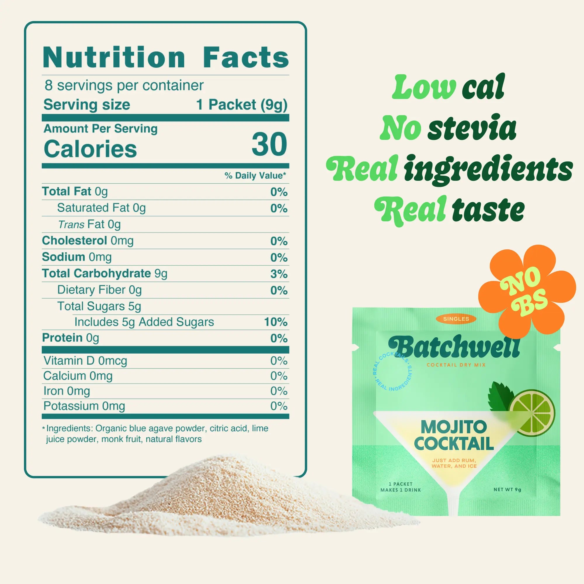Nutrition facts for Batchwell Whiskey Sour cocktail mix showing 30 calories per packet and real ingredients with no stevia