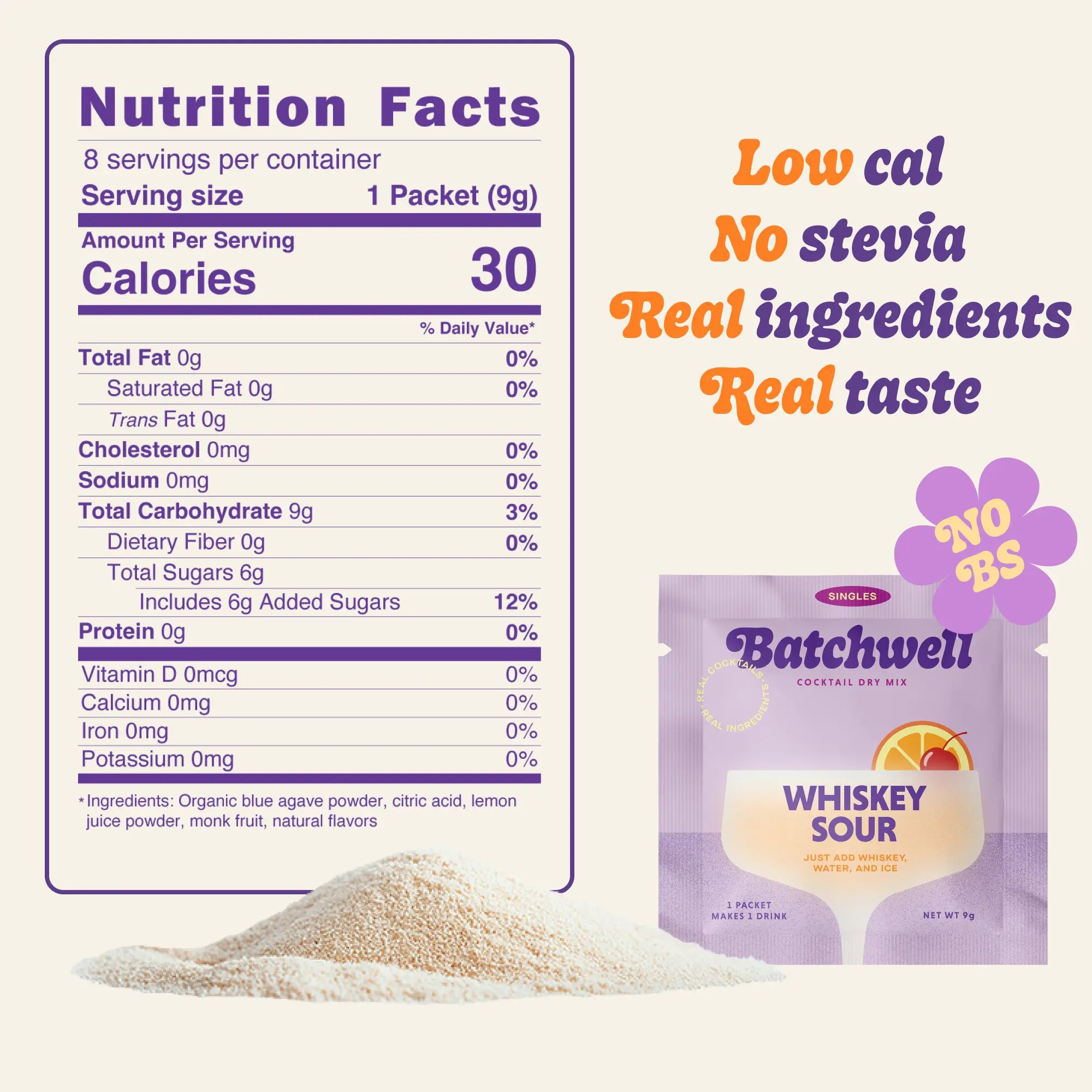 Batchwell Whiskey Sour cocktail mix nutrition facts label showing 30 calories per packet with low calories, no stevia, real ingredients, and real taste